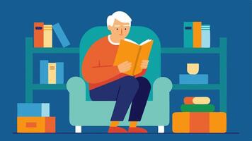 Reading Alone An elderly person sitting in a cozy armchair reading a book surrounded by bookshelves filled with unread books portraying a thirst for knowledge and connection that. vector