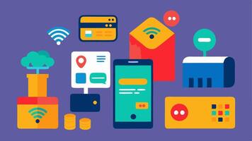 These descriptions capture the essence of various digital payment ods in a cashless society suitable for illustrations.. vector