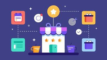 Targeted Loyalty Programs An illustration of a rewards app displaying personalized offers and points based on the users shopping history in a visually engaging way with icons. vector