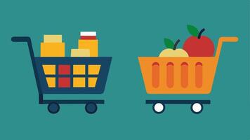 Shopping Cart A luxurious shopping cart filled with gourmet products on one side and a halfempty cart with basic groceries on the other purchasing power differences.. vector