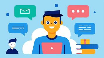 Social Media Interaction A depiction of a student interacting with languagelearning content on social media where an AI bot engages them in conversation and practice using posts. vector