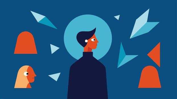 The Broken Mirror A character gazes into a shattered mirror with pieces reflecting their different personas showing how public perception can distort reality.. vector