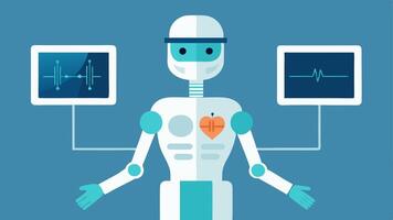 Surgical Planning Robot A holographic display alongside a robot showcasing a 3D model of a patients anatomy to assist surgeons in planning an intricate procedure.. vector