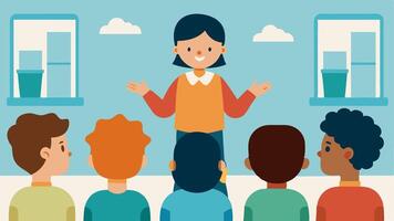 School Assembly A scene showing a teacher addressing students in a school assembly about the importance of kindness with students listening intently.. vector