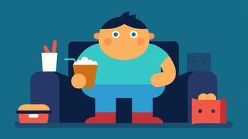 Sedentary Lifestyle A cartoon character slumped on a couch surrounded by junk food with a remote control in hand the lack of physical activity and the comfort of. vector