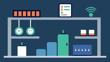 Smart Shelves An illustration of shelves with sensors that track product levels. When stock is low a digital display shows alerts and reordering status.. vector