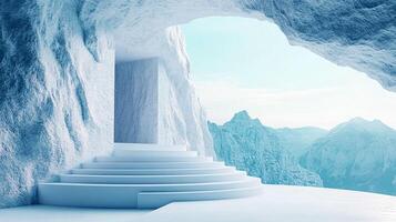 Frozen icicles hang from a roof like a stairway descending from a cold winter sky photo