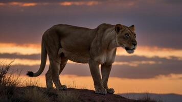Lioness walking along ridge at sunset, striking silhouette against gradient sky. African savanna background exudes power and serenity photo