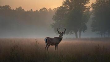 Graceful deer standing in misty dawn meadow. Soft light and ethereal atmosphere. Perfect for nature and wildlife photography photo