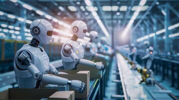 AI automation - Robots organizing boxes on an assembly line in a modern factory. Ideal for logistics, tech innovation, and industrial process visuals. photo