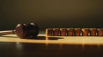 Gavel and stacks of coins on wooden surface in low light symbolizing justice and financial decision-making with shadows and warm tones. Justice and corruption photo