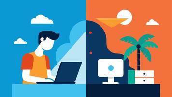 The Editable Life A splitscreen showing an influencers luxurious vacation edited on one side while on the other side they are sitting at their cluttered desk working on a laptop.. vector