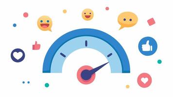 Pressure Gauge A pressure gauge with the needle pointing into the Overwhelmed zone surrounded by cheerful emojis and social media notifications.. vector