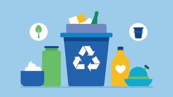 Recycling Sign with Trash A recycling bin overflowing with plastic items like cups plates and utensils with a prominent recycling symbol fading into the background signifying the. vector