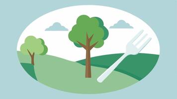 SingleUse Cutlery on a Plate A used singleuse plastic fork and knife lying abandoned on a plate next to a tree emphasizing the wastefulness of disposable dining.. vector