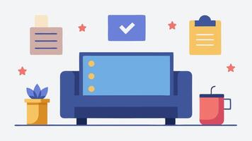 Tailored Movie Suggestions A cozy living room scene where a user interacts with a smart TV displaying a curated list of movie recommendations highlighted with thumbs up icons for. vector