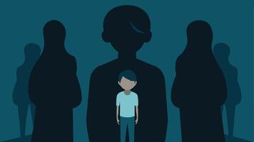 Silhouette with a Shadow Cast A silhouette of a person with a complex shadow behind them depicting the burdens and hidden traumas of those affected by human trafficking.. vector