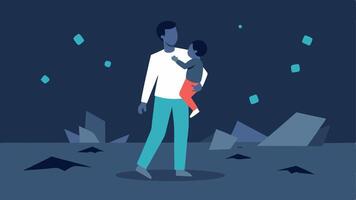 Single Parent with Children A single parent holding a childs hand while carrying a toddler on their hip surrounded by debris from a recent hurricane conveying a sense of urgency. vector