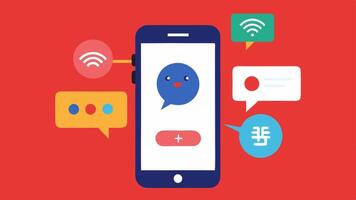 Smartphone Assistant A smartphone displaying an interactive interface where a user speaks into it and the AI translates their words into various languages simultaneously.. vector
