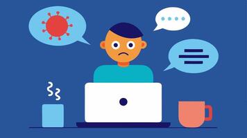 Symptom Checker A patient typing symptoms into a chatbot on a laptop with visual speech bubbles showing common symptoms being entered such as fever cough and headache.. vector