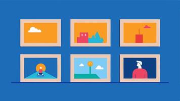 Storyboard Creation A series of framed images on a board showcasing a storyboard process with sketches morphing into vibrant images created by AI.. vector