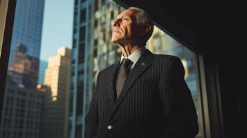 Elderly caucasian male executive in striped suit gazing out a high-rise window at sunset in an urban city setting with tall buildings. Work environment stressful photo