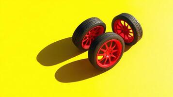 Three bright red car wheels on a vivid yellow background casting shadows, modern automotive design with artistic contrast. Tires with rubber tread on alloy wheels photo