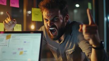 Frustrated young caucasian male shouting at computer in office at night, angrily gesturing with one hand in a dimly lit workspace. Work environment stressful photo