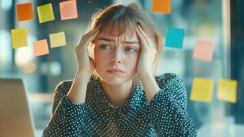 Young caucasian female professional feeling stressed and overwhelmed in office environment with colorful sticky notes reflecting busy work life. Work environment stressful photo