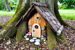Cottagecore fairy house nestled at tree base photo