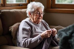 cottagecore grandmother knitting by the window image photo