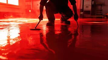 Mysterious scene of a worker creating art on a glossy red floor in an industrial setting with dramatic lighting and intense focus. Workers painting epoxy resin floor photo