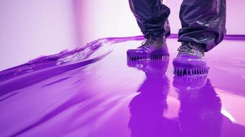 Boots of a worker walking across a glossy purple epoxy floor in a modern industrial setting during a flooring application project. Workers painting epoxy resin floor photo