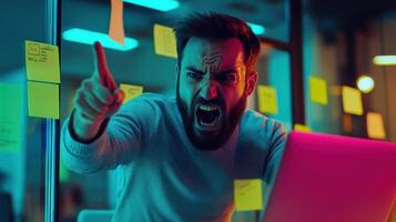 Intense young caucasian male in modern office environment expressing frustration with gestures and expressions among colorful sticky notes. Work environment stressful photo