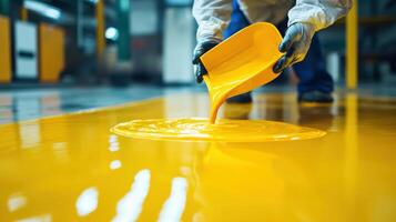 Vibrant yellow epoxy resin being expertly poured on industrial floor by worker in protective gear showcasing precision and craftsmanship. Workers painting epoxy resin floor photo