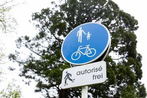 A circular blue sign indicates shared paths for pedestrians and cyclists, featuring icons of a man and child walking, alongside a bicycle symbol. The environment is quiet, suggesting early morning photo