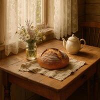 Rustic sourdough loaf with wildflowers and teapot on wooden table photo