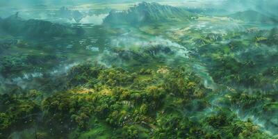 Aerial View of Misty Green Valleys and Rivers photo