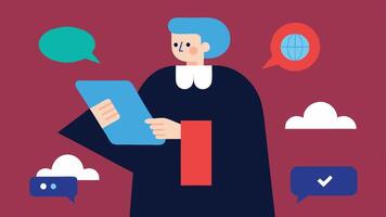Social Media Judge Illustrate a judge with a robe and a digital tablet reing trending tweets and comments instead of legal documents symbolizing how social media can influence. vector