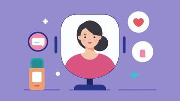 StepbyStep Makeup Guide A user following a stepbystep makeup guide on a smart mirror with animated visuals and pointers showing how to apply different cosmetics.. vector