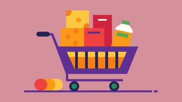Shopping Cart Excess A shopping cart overflowing with packaged food items including items that are still sealed while a small pile of misp items sits outside the cart signifying. vector