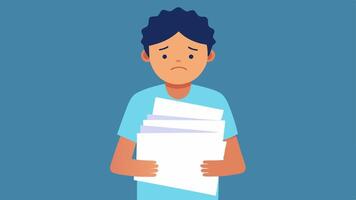 Rejection Fatigue A young individual holding a stack of rejection letters and looking dejected showing the emotional toll of repeated job application failures.. vector