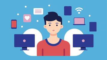 Remote Work Concerns A young person sitting at home juggling multiple online job applications and virtual meetings but feeling isolated and disconnected from colleagues.. vector