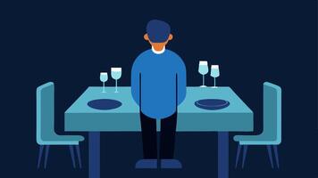 The Empty Table A dinner table set for multiple guests but only one person is sitting alone their smartphone propped up as if it were a companion showcasing the loneliness of. vector