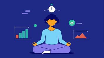 Stress and Lifestyle Analysis A person meditating with floating data visualizations about stress levels and their impact on health with an AI element providing feedback.. vector