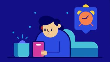 Sleep Disturbance A person in bed with the phone glowing brightly next to their face while their alarm clock shows late hours symbolizing poor sleep habits due to latenight. vector