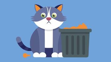 Stray Cat A scruffy dirty cat searching for food in a garbage bin with a worried expression and missing patches of fur.. vector