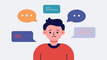 Social Media Conversation A chat interface with hurtful messages while one person sighs deeply conveying the feeling of being overwhelmed by cruel comments.. vector