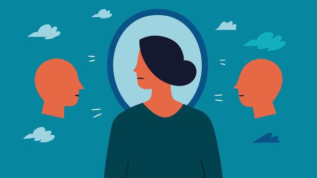 Reflection Distortion A person looking into a mirror that reflects them surrounded by negative words. vector