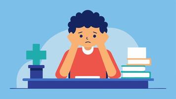 Student Stress A student sitting at a desk with a mountain of homework and a stressed expression overwhelmed by the lack of support and resources.. vector